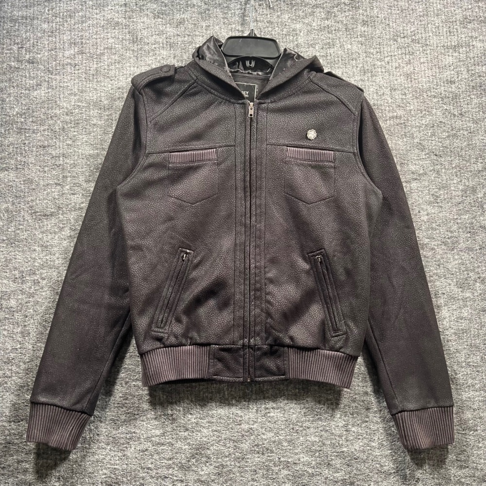 Obey Propaganda Womens Hooded Faux Leather Bomber Jacket Black Brown Size 8 M